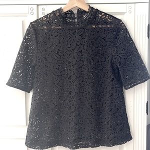 LOFT black lace high neck top with button detail on the back.